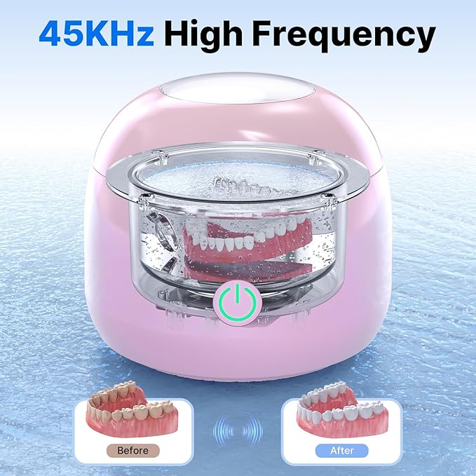 Ultrasonic Retainer Cleaner - UV Dental Cleaning Pod Night Guard Cleaner for Dentures, Aligner, Braces, Toothbrush Heads, Jewelry (Pink)