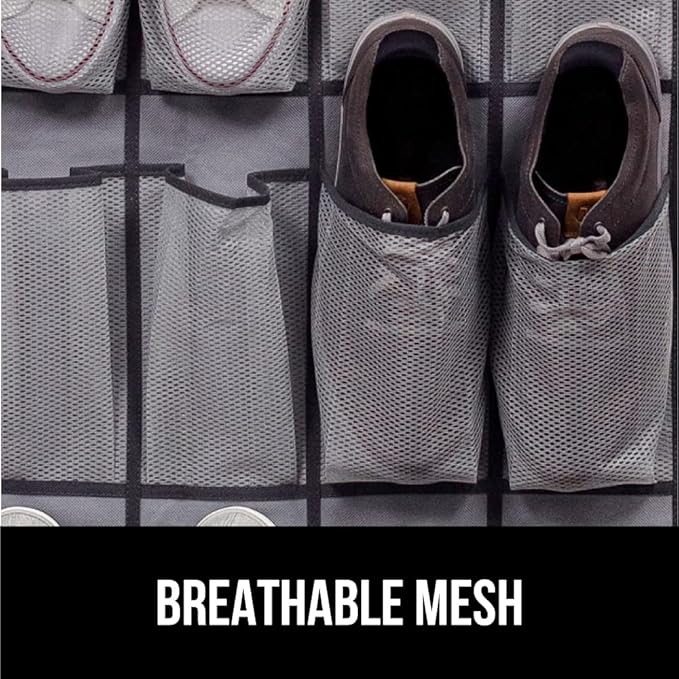 GORILLA GRIP Over the Door Shoe Organizer, 24 Extra Large Breathable Mesh Pockets, Space Saving Hanging Storage Holder, 4 Hook Closet Rack Hanger, Hangs on Closets for Shoes and Accessories, Gray