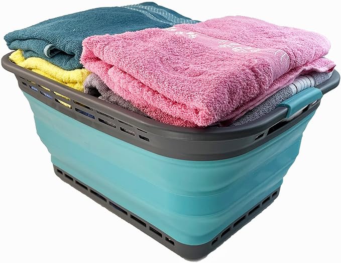 SAMMART 42L (11 Galloons) Collapsible Plastic Laundry Basket - Foldable Pop Up Storage Container/Organizer - Portable Washing Tub - Space Saving Hamper/Basket [BPA Free] (Grey/Crystal Blue)