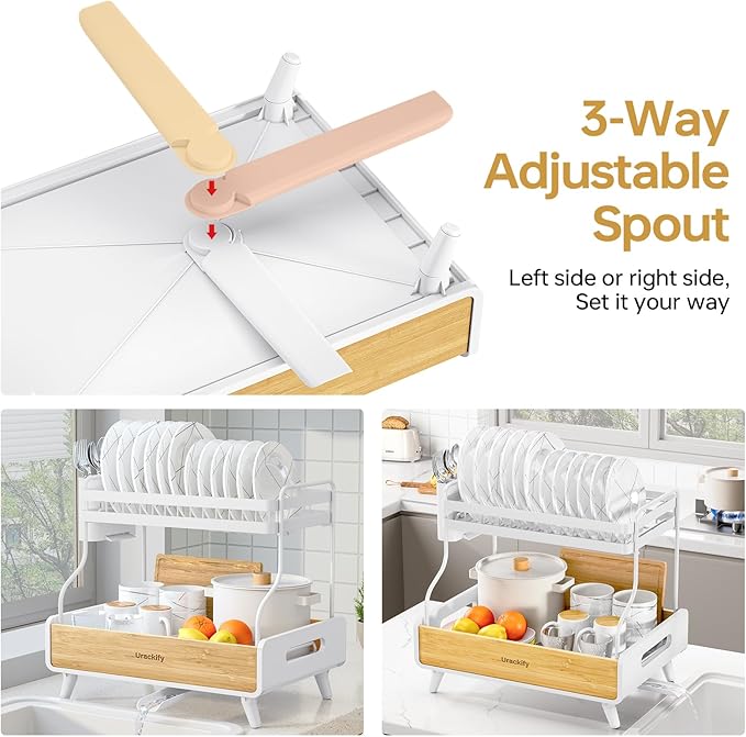 2-Tier Dish Drying Rack – Large Capacity Dish Rack with Stainless Steel and Bamboo, Dish Drainers for Kitchen Counter, Drying Rack Kitchen with Utensil Holder and Drainboard, White