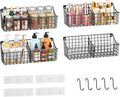 4 Pack EXTRA LARGE Hanging Wall Mount Storage Baskets With Divider, Metal Wire Basket With 4 Strong Adhesive Hooks +5 S Hooks,Organizing Wall Shelf for Home Kitchen Bathroom Pantry Garage RV, Black