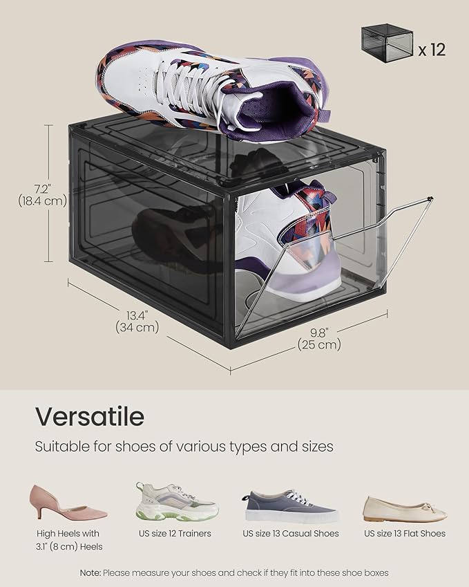 SONGMICS Shoe Boxes, Clear Shoe Organizers, Set of 12, Plastic Shoe Storage with Clear Door, Easy Assembly, up to US Size 13, Transparent Black ULSP032B12