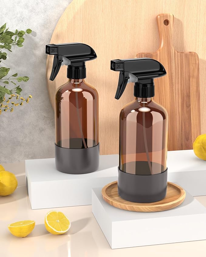 Glass Spray Bottle with Silicone Sleeve Protection, Amber Glass Spray Bottle Set for Window Cleaner Aromatherapy Facial Hydration Watering Flowers Hair Care 2 Pack/16 oz (Grey, 16 oz)