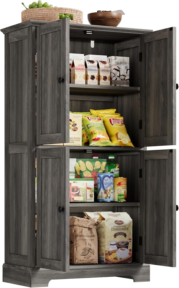 ChooChoo Bathroom Floor Cabinet, Farmhouse Bathroom Storage Cabinet with 4 Doors and Adjustable Shelves, Pantry Cabinet for Living Room, Kitchen, Retro Grey