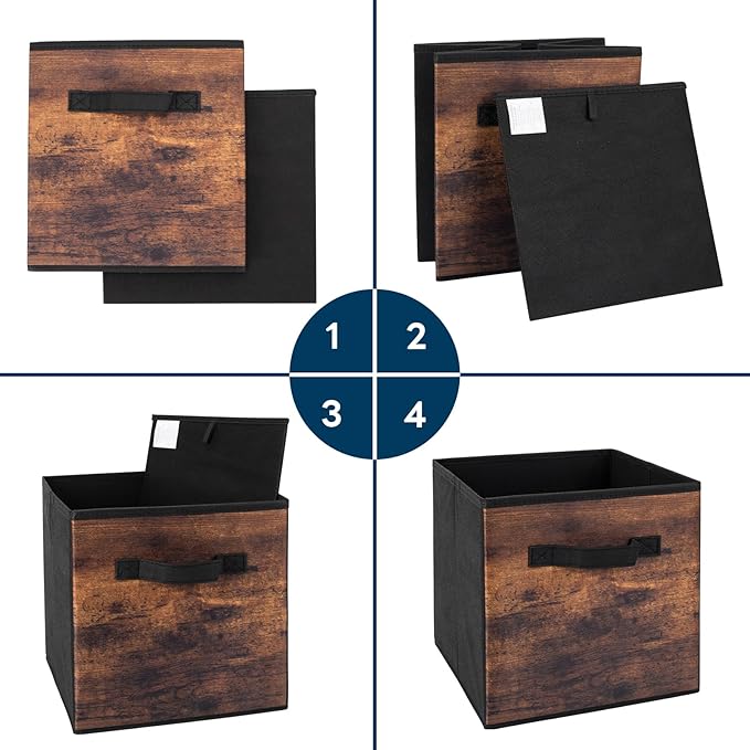 EWES 11 Inch Fabric Storage Cubes, 6 Pack Foldable Storage Bins with Handle, Storage Baskets Box for Shelves, Closet, Organizer, Brown Black