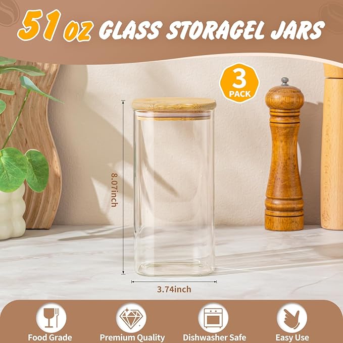 51 Oz Glass Storage Jars with Bamboo Lids - 3 Pack Clear Glass Canisters Square Airtight Stackable Ideal for Pantry Storage Containers Great for Storing Oats Coffee Beans Pasta Flour Rice etc