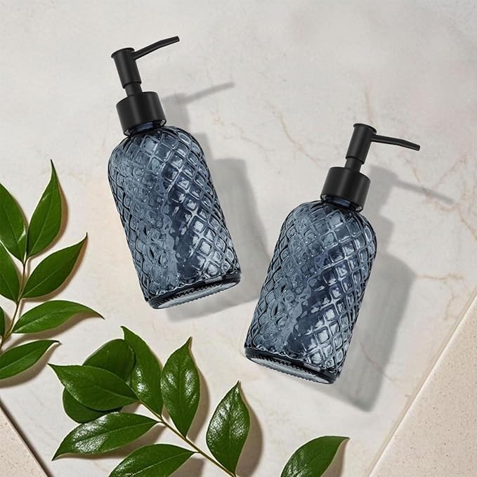 2 Pack Gem Glass Soap Dispenser with Black Plastic Pump, 13oz Liquid Hand Soap Dispenser, Rustproof Pump for Kitchen & Bathroom, Great for Lotions, Essential Oil, Liquid Soaps-Grayish Blue