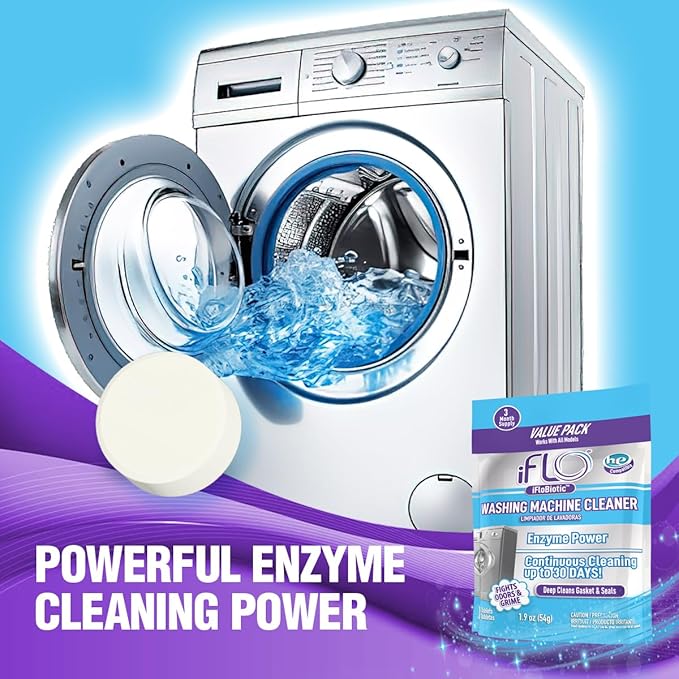 iFLO Washing Machine Cleaner Tablets – Powerful Washer Machine Cleaning and Deodorizer Tablets for Front Load, Top Load, and High-Efficiency Washer Cleaner, 3 Pack