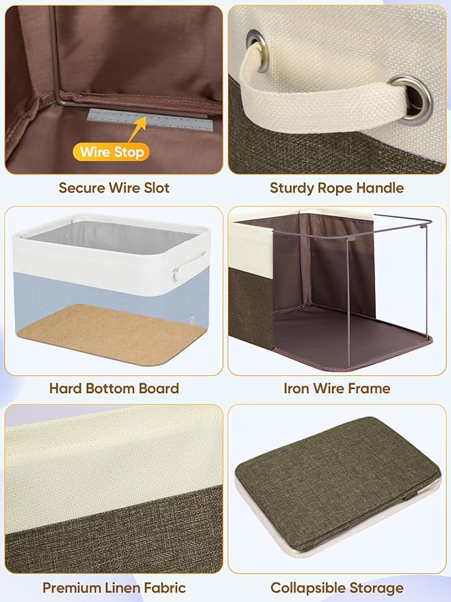 BALEINE 4 Pack Fabric Storage Bins for Shelves, Linen Storage Baskets for Organizing, Decorative Closet Bins for Clothes, Home (Brown, 14''x10''x8.5'')