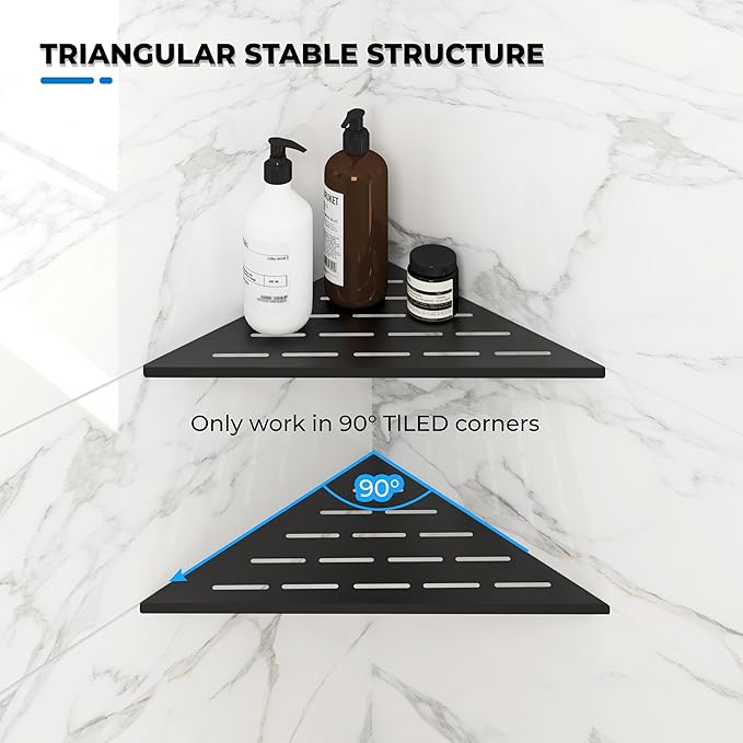 FerdY 2-Pack 10" Matte Black Recessed Corner Shower Shelf, for Tiled Bathroom Walls, 304 Stainless Steel Floating Shower Shelf, Shower Caddy Storage Shelves, No Drilling Required, Striped Triangle