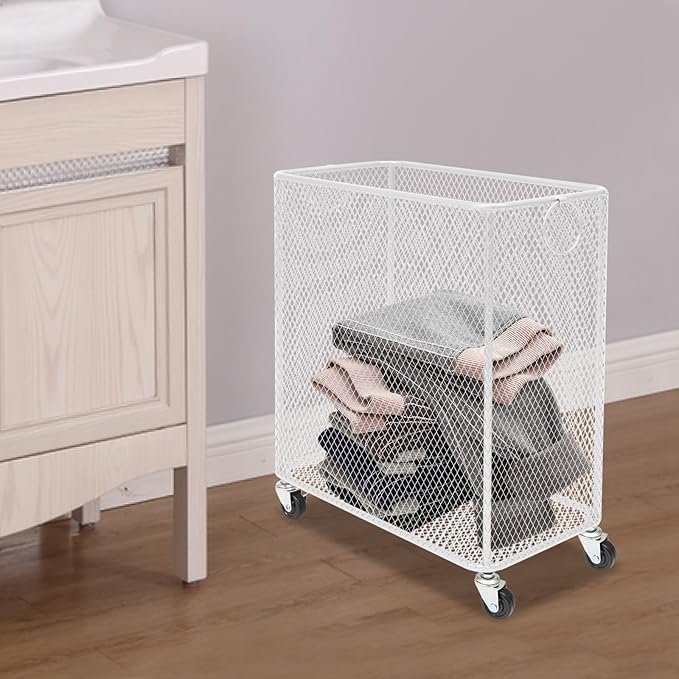 White Metal Laundry Basket with Wheels, Rolling Laundry Hamper Cart Mesh Laundry Storage Cart Organizer Clothes Sorter Shelf Basket Durable for Laundry Room