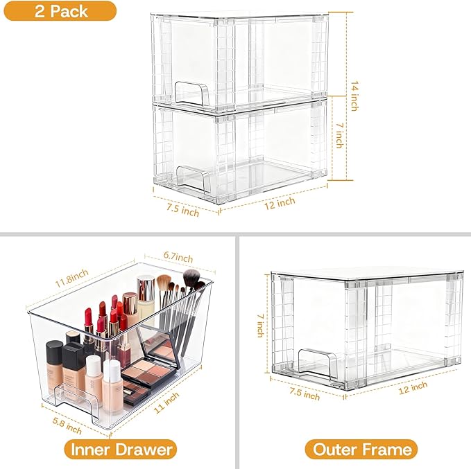 2 Pack Large Stackable Storage Drawers, Acrylic Bathroom Undersink Closet organizers and storage, Clear Plastic Bins for Pantry, Kitchen Cabinets, Makeup, Perfume, Baby Bottles, Medicine Organization
