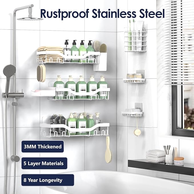 Shower Caddy Adhesive Shower Organizer 8-Pack, Rustproof Stainless Steel Bathroom Shelves, Large Capacity No-Drill Rack Storage Accessories with Soap Dish Toothbrush Holder Hooks