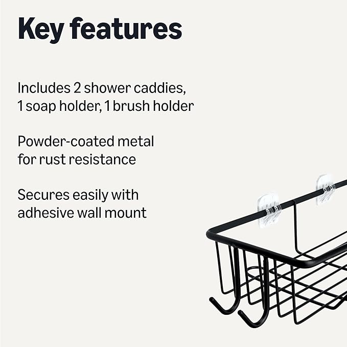 Amazon Basics Stainless Steel Shower Organizer Caddy with Soap Holder, Black, Set of 5