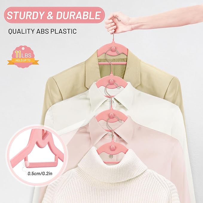 Velvet Stackable Hangers 30 Pack, STOPKLAS Pink Clothes Hangers Non Slip Felt Hangers with 360° Swivel Hook, Thin Hanger Space Saving, Heavy Duty Closet Hanger for Clothes, Coats, Suits, Dress, Pants
