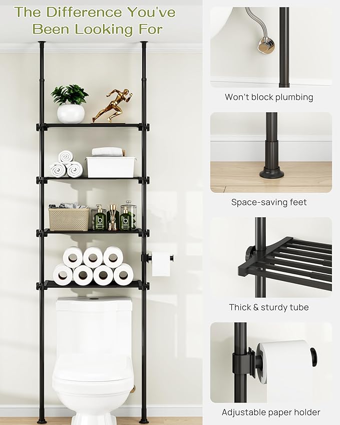 ALLZONE Adjustable Over The Toilet Storage Shelf, 4-Tier Ample Over Toilet Bathroom Organizer and Storage,Tension Mounted Above Toilet Storage Cabinet for Versatility, Fits 64-113 Inch Heights, Black