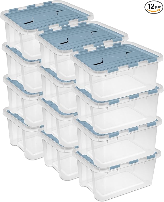 Sterilite 12 Pack Hinged Lid Storage Box, 20 Qt Plastic Container, Washed Blue - Home Organizer Tote for Storing Shoes, Crafts, Clothing, or Decor