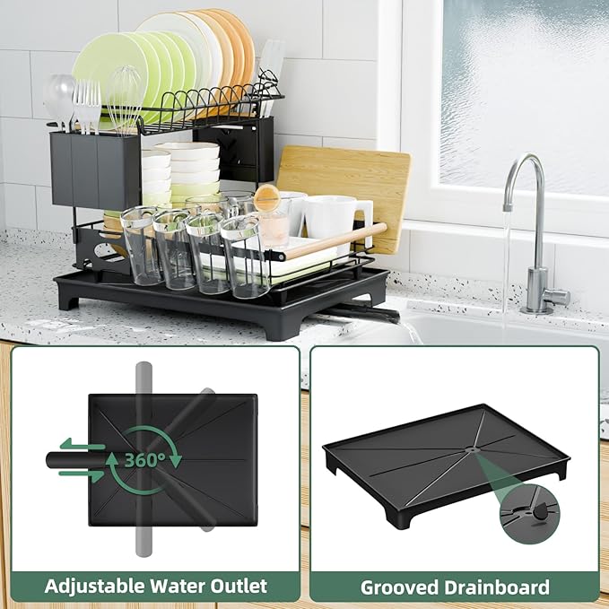 2 Tier Dish Drying Rack, Drying Rack with Automatic Drainboard, Dish Racks for Kitchen Counter, Rustproof Dish Drainer with Removable Utensil Holder, Cups Holder, Black