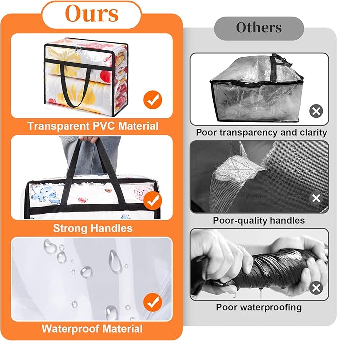 Clear Clothes Storage Bags, 4 Pack Closet Organizers and Under Bed Storage Containers, Foldable Moving Bags with Zippers for Comforter, Blanket, Bedding, Duvet, PVC Packing Bags 90L