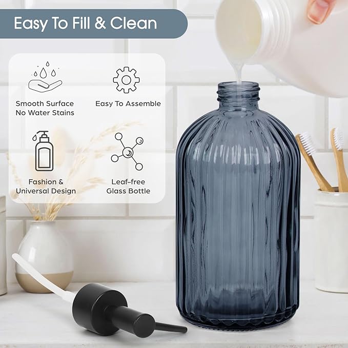 2 Pack Stripe Glass Soap Dispenser with Black Plastic Pump, 400ml Liquid Hand Soap Dispenser, Rustproof Pump for Kitchen & Bathroom, Great for Lotions, Essential Oil, Liquid Soaps- (Grayish Blue)