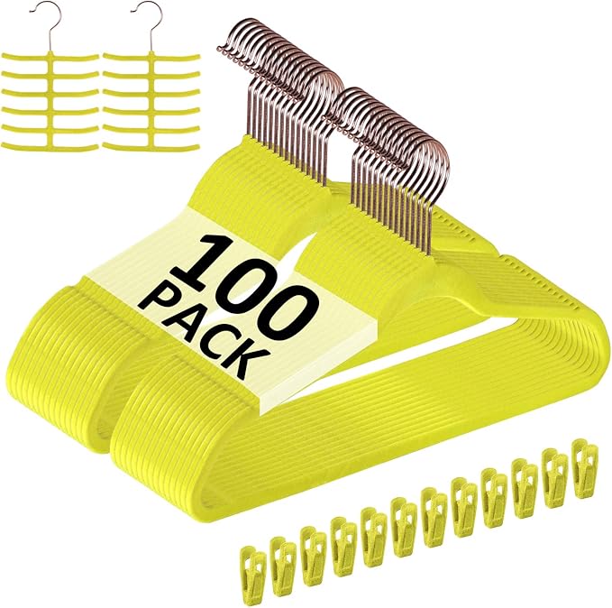 VECELO Premium Velvet Clothes Hangers Suit Heavy Duty (100 Pack)-Non Slip & Space-Saving with 12 Finger Clips & 2Tie Rack Excellent for Men and Women,Yellow