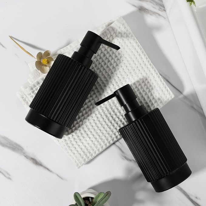 Hand and Dish Soap Dispenser Set for Kitchen, 2 Pack 11 fl oz Matte Black Ribbed Glass Soap and Lotion Dispensers Sets with Pump for Bathroom, Modern Refillable Liquid Soap Pump Bottle
