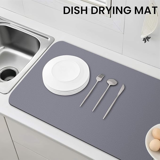 WISELIFE Dish Drying Mat Super Absorbent Drying Mat Large Dish Drying Mats for Kitchen Counter Easy Clean Dish Mat Kitchen Drying Mat18"x 32" Classic Grey
