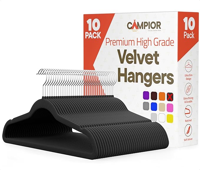 Black Velvet Hangers 10 Pack – 360° Swivel Hook, Non-Slip and Space Saving Hangers, Heavy-Duty 11 lbs Weight Capacity - Smooth Velvet Finish for Crease-Free Clothes and Effortless Closet Organization