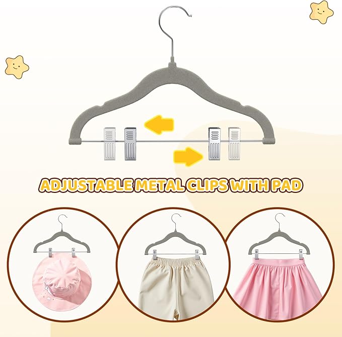 Flottian 24-Pack Baby and Kids Velvet Hangers with Clips, Non Slip and Space-Saving Kids Pants Hangers for Baby/Toddler Pants, Skirts, Coats, Gray