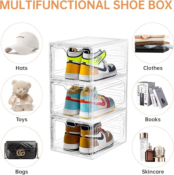 INSTY 6 Pack Large Shoe Storage Box, Clear Shoe Storage Organizer with Magnetic Door, Stackable,Shoe Containers For Display Sneakers, Easy Assembly, Fit up to US Size 12, Clear