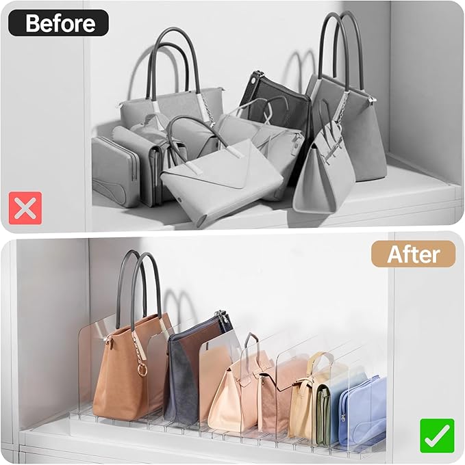 Purse Organizer for Closet, Stackable Handbag Storage Shelf, Adjustable Clear Shelf Dividers, Keep Clutch, Bag, Pocketbook Upright, for Bedroom