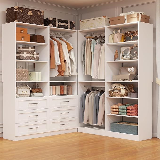 Closet System with 4 Sets, Closet Organizer Systems with 6 Drawers & 7 Hanging Rods & Adjustable Shelves, Walk in Closet Standalone Closet System Modular Closet System Set White