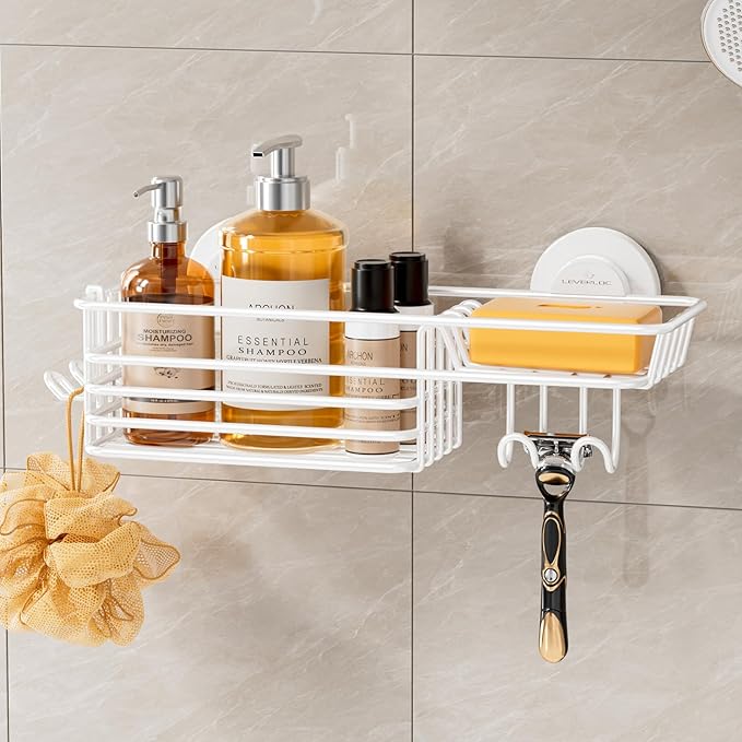 LEVERLOC Shower Caddy Suction Cup, Heavy Duty Bathroom Organizer for Inside Shower with Hooks & Soap Holder， NO-Drilling Bathroom Shower Holder-White