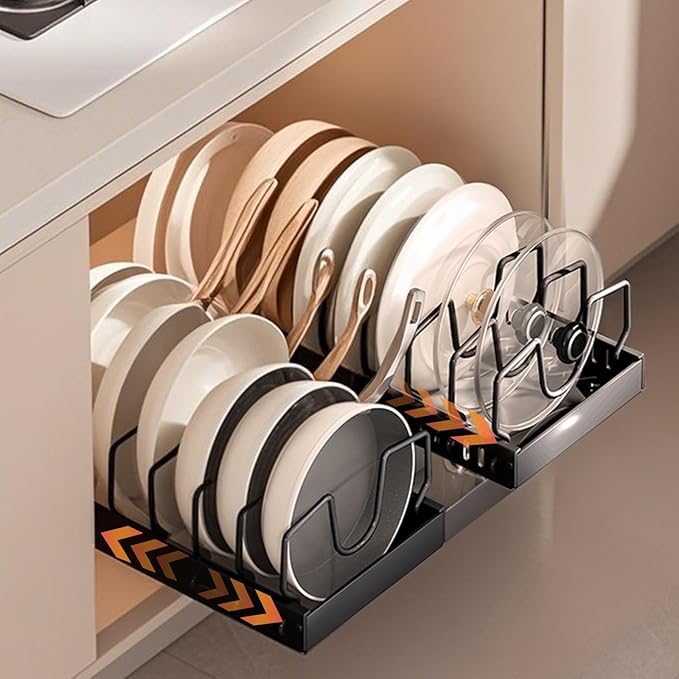 Pots and Pans Organizer Under Cabinet 2 Pack, Pull-Out Cabinet Organizer for Pot Lids, Bakeware, Dishes, 8 Adjustable Dividers (Black