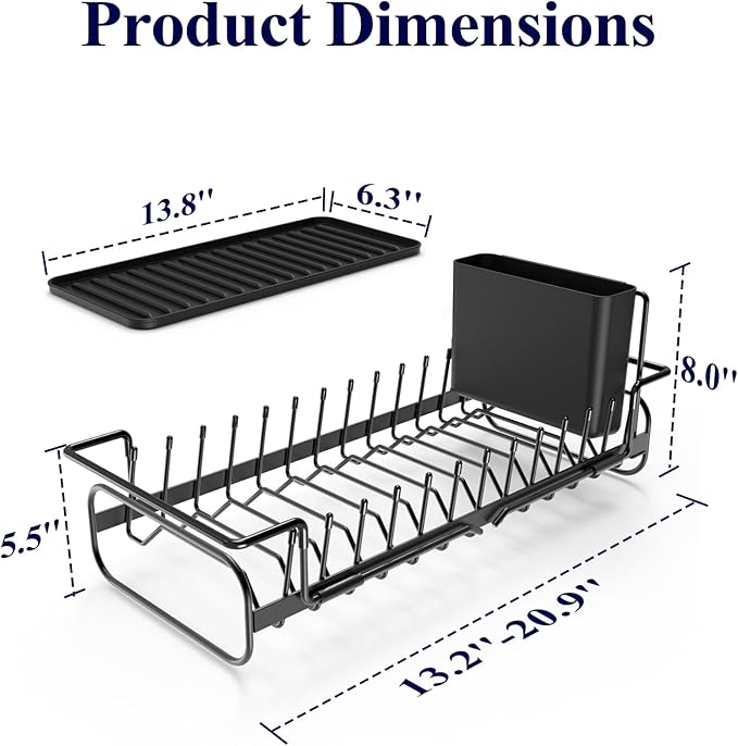 Kitsure Dish Drying Rack - Expandable Dish Rack for Kitchen Counter, Over Sink Or in Sink, Space-Saving Plates Dryer with Cutlery Holder & Drip Tray, 14.0"-20.9" L x 6.3" W x 8.0" H, Black
