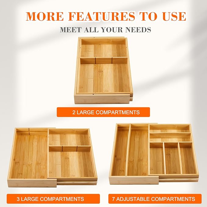 1 Pcs Bamboo Drawer Organizer 9'' up to 18'' x 15'' x 2'' Expandable Drawer Organizer Pens Notebook Ruler Makeup Tray with 7 Adjustable Compartments for Desk Office Kitchen Bathroom(Wood)