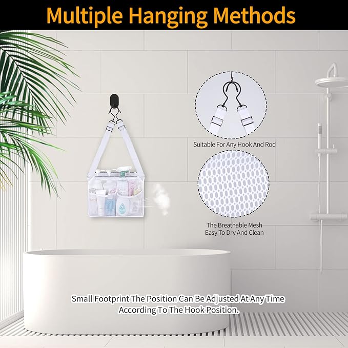 GUMQDD 4 Storage Pockets Adjustable Hanging Mesh Bathroom Bag, Shower Caddy College with Hooks, Applied to College Dorm Rooms, Gym, Swimming and RV Travel (White)