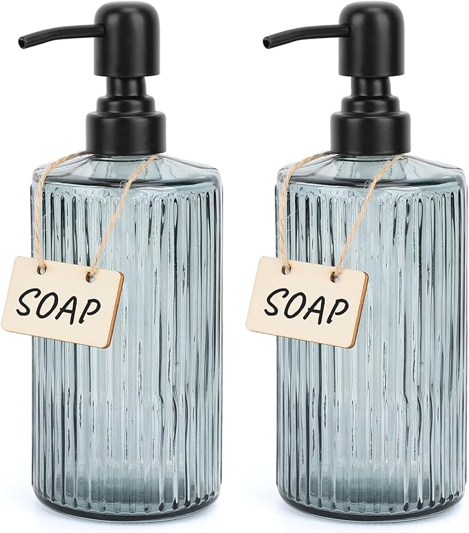 Segbeauty 16.9oz Glass Soap Dispenser for Kitchen, 2 Pack 500ml Large Pump Bottles with Blank Tag, Shower Soap Dispenser Bathroom Modern Decor Kitchen Hand Dish Shampoo and Conditioner Dispenser