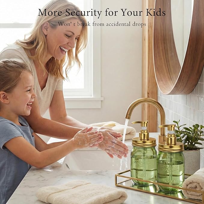 Amolliar Plastic Mason Jar Soap Dispenser with Pump Lid,16OZ Refillable Hand Soap Dispenser Set with Cute Lables - Farmhouse Decor for Kitchen Bathroom, Liquid Soap, Dish Soap, Lotion (2 Pack, Green)