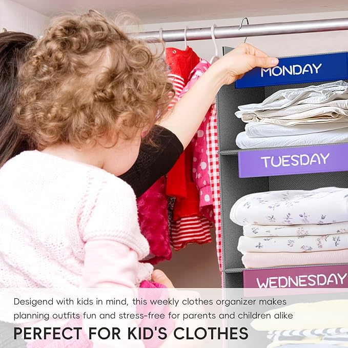 VERONLY Weekly Hanging Closet Organizer for Kids, 6-Shelf Clothes Storage with Labeled Days of The Week Monday Through Friday, Weekday and Weekend, Days of The Week Clothes Organizer
