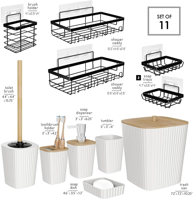 Clara Clark Bathroom Set - White Bathroom Accessories Set, 6PC Bathroom Accessory Set, Bathroom Sets with Adhesive Corner Shower Caddy Hanging, Toilet Brush, Trash Can & Soap Dispenser