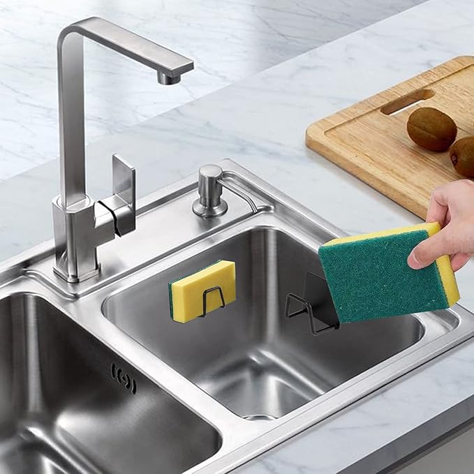 2Pcs Sponge Holder for Kitchen Sink, Strong Adhesive Sponge Holder for Sink Counter, Dish Sponge and Brush Organization Holder, Premium SUS304 Stainless Steel Rust Proof Waterproof-Black