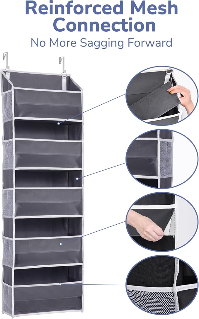 ULG 1 Pack Over Door Organizer with 5 Large Pockets 10 Mesh Side Pockets, 44 lbs Weight Capacity Hanging Storage Organizer with Clear Window Kids Toys, Shoes, Diapers, Dark Grey, 5 Layers
