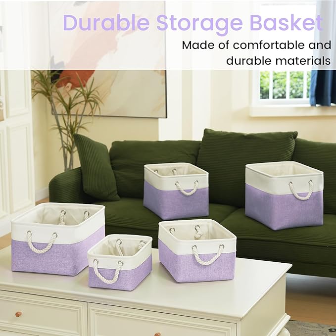 Storage Baskets for Shelves 13.8x9.8x6.7 Inch, Foldable Fabric Storage Bins with Handles, Small Storage Baskets for Organizing Closet, Office, Home Organization (6-Pack, White&Purple)