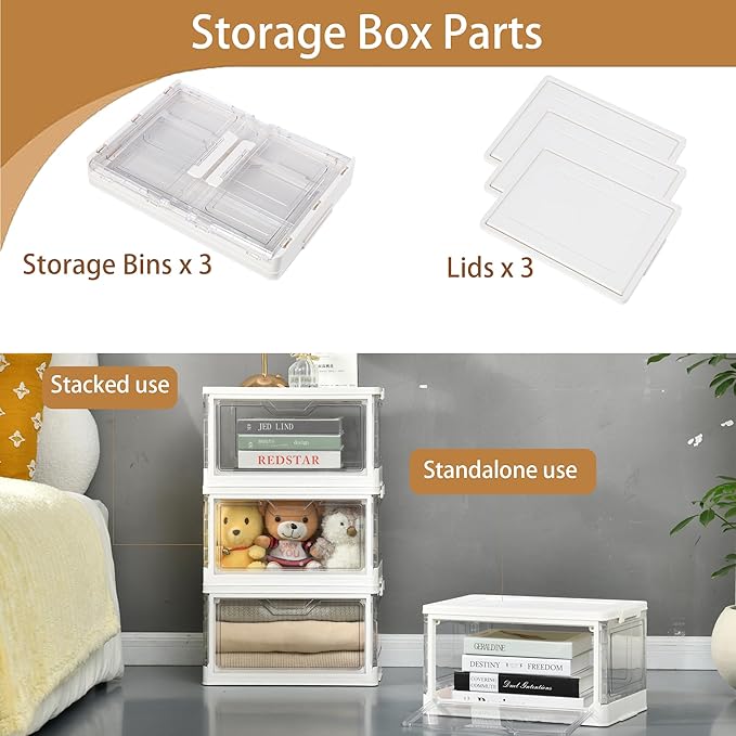 Storage Bins with Lids 3 Pack Clear Stackable Plastic Closet Organizers Containers w/Magnetic Door Box for Wardrobe Bedroom Office Dorm