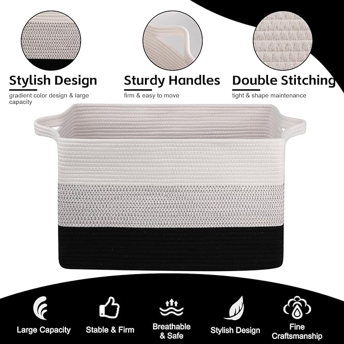 OIAHOMY Large Storage Basket, Cotton Rope Woven Blanket Basket, Toy Bin for Baby Room, Container for Blanket Storage in Living Room, 20''×16''×12'', Gradient Black