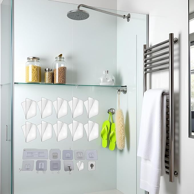 Jowxsx 10Pcs Transparent Wall Mounted Replacement Sticky Pads Shower Caddies for Kitchen Bathroom Shower Caddy Organizer Rack Holder Nail Free Adhesive Hooks (Double-Sided Sticker)
