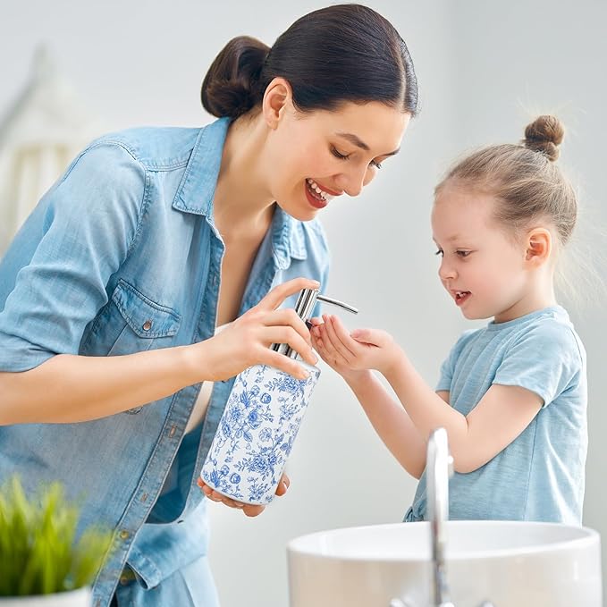 JarThenaAMCS Blue Floral Soap Dispenser Vintage Flower Butterfly Glass Dispenser with Pump Refillable Chinoiserie Liquid Soap Container for Farmhouse Home Kitchen Bathroom Countertop