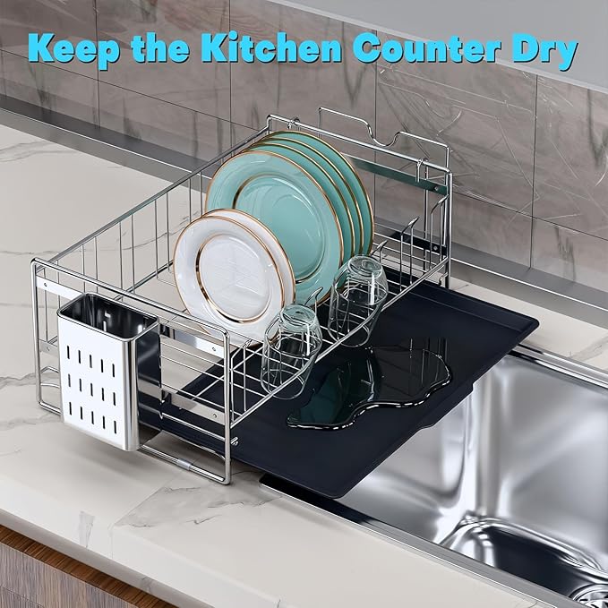 Large Dish Drying Rack, Expandable Dish Rack, 304 Stainless Steel Dish Racks for Kitchen Counter, Multifunctional Dish Drainers with Utensil Holder & Cutting Board Holder