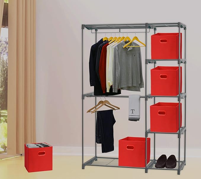 Simple Houseware Foldable Cube Storage Bins with Handles, 11-Inch, Red, 6-Pack, Fabric Cubes Organizer for Closet or Shelves